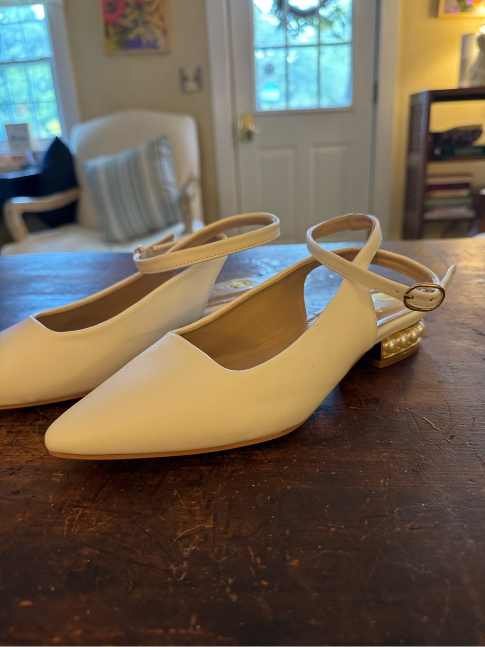 Lulu's Cream Pointed-Toe Pearl-Accented Ankle-Strap Mules